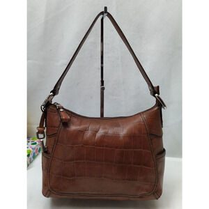 Fossil Brown Leather Crocodile Embossed Zipper Closure Hobo Shoulder Bag